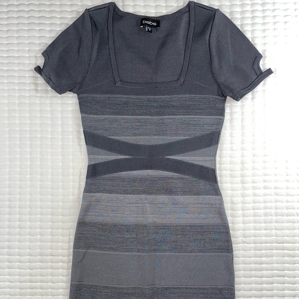 BeBe - size M- Gray Dress Bodycon Square Neckline Short Sleeve Striped Stretch